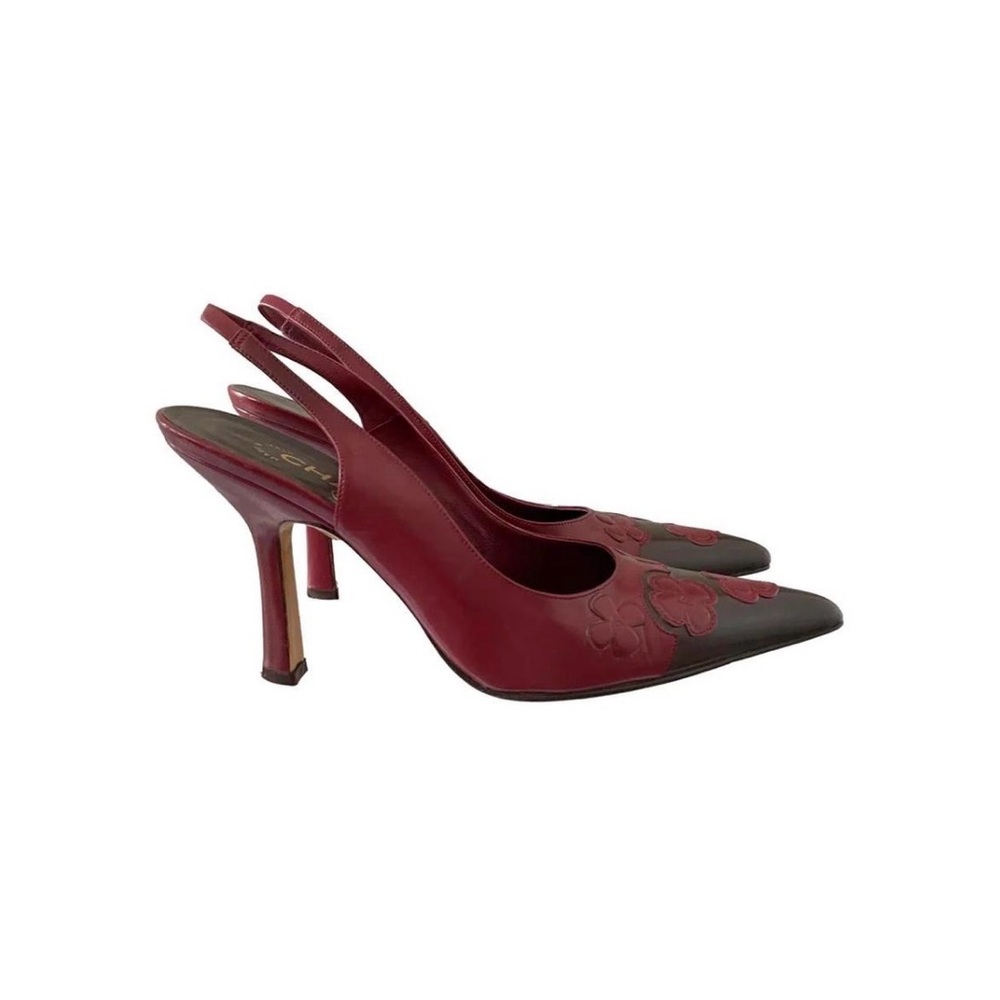 CHANEL Burgundy and Black floral Slingback Heels